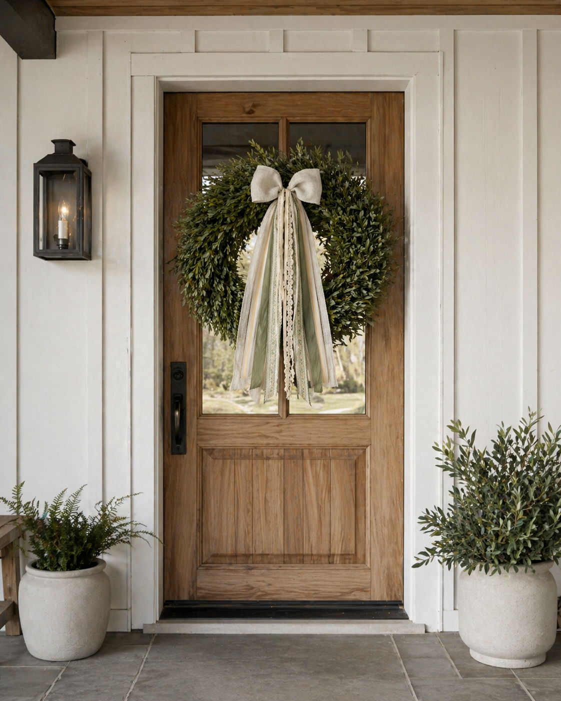 Wooden front door with a decorative wreath and potted plants on either side.